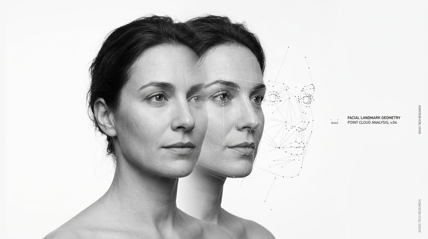 Realistic human portrait gradually transitioning into fine facial landmark geometry and measurement lines