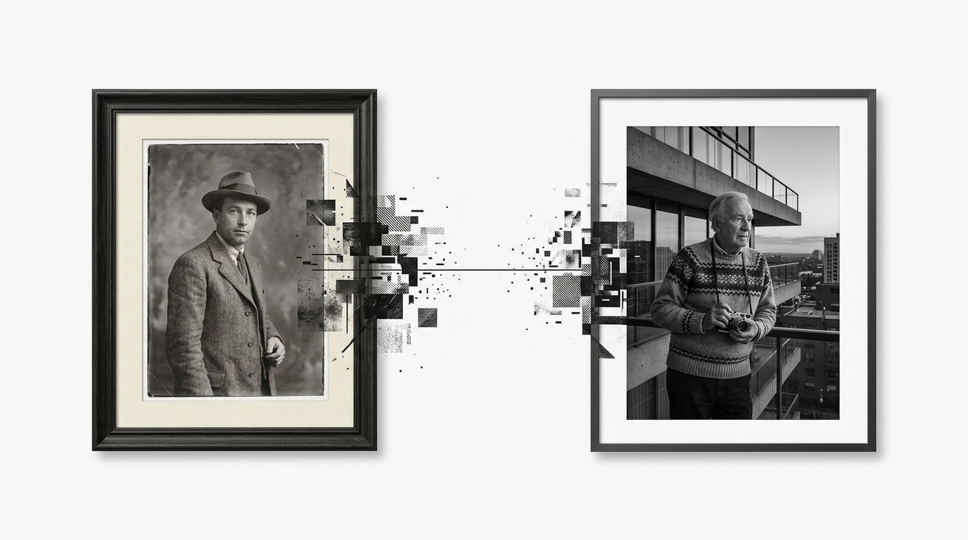 Authentic archival photograph transitioning into a newly generated synthetic scene