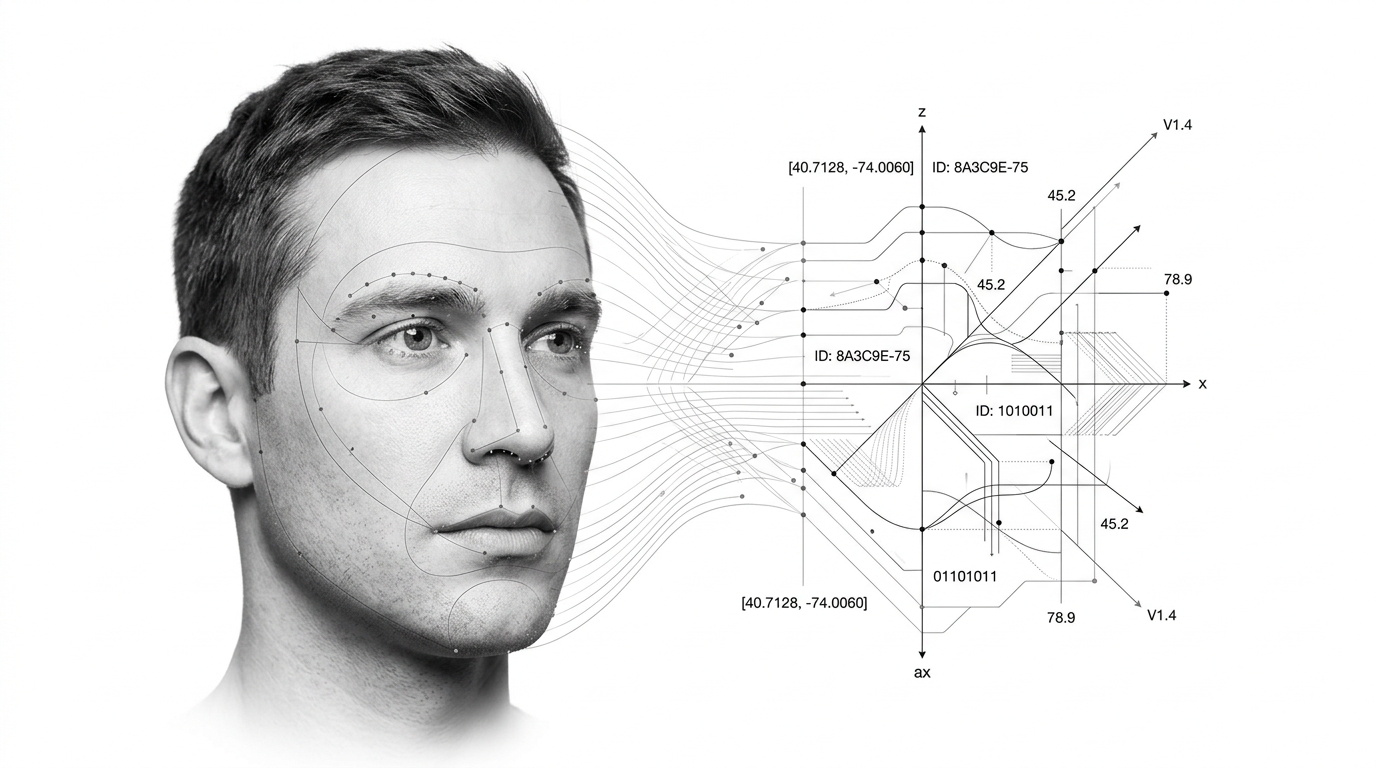 Realistic human face transitioning into fine landmark points and an abstract vector coordinate structure