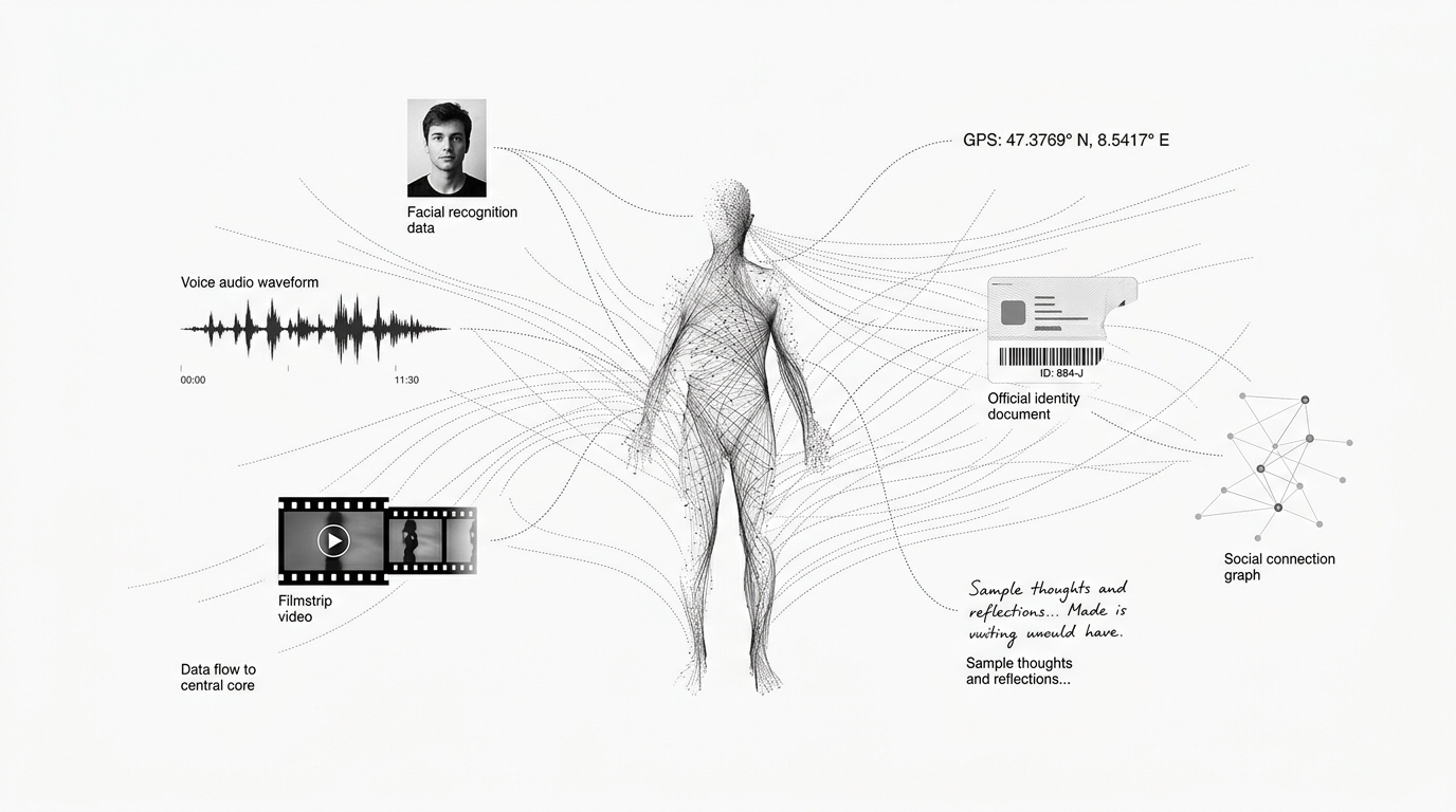Multiple discrete information fragments converging toward a central human silhouette