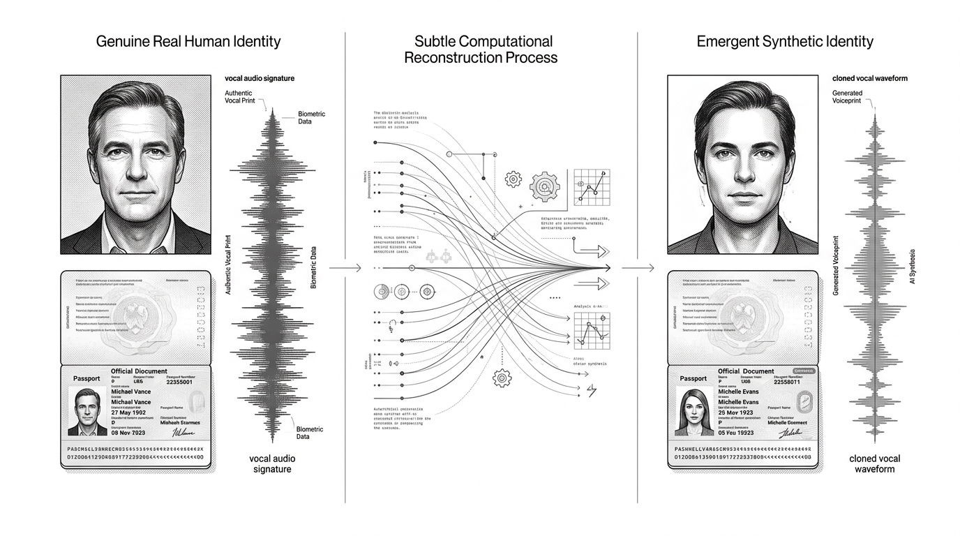 Genuine human identity elements on the left passing through an abstract transformation to emerge as a synthetic identity