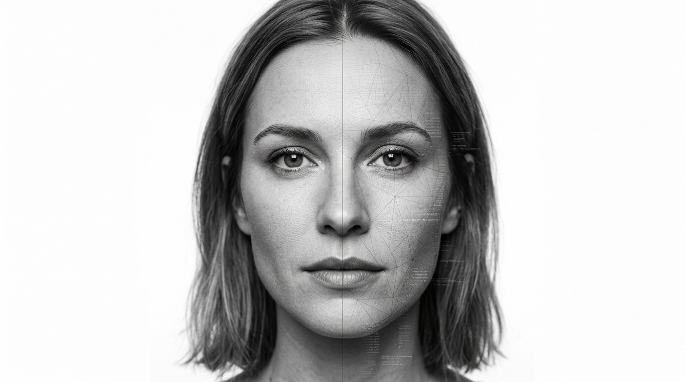 One realistic human face divided vertically, showing authentic physical presence on the left and subtle synthetic reconstruction on the right