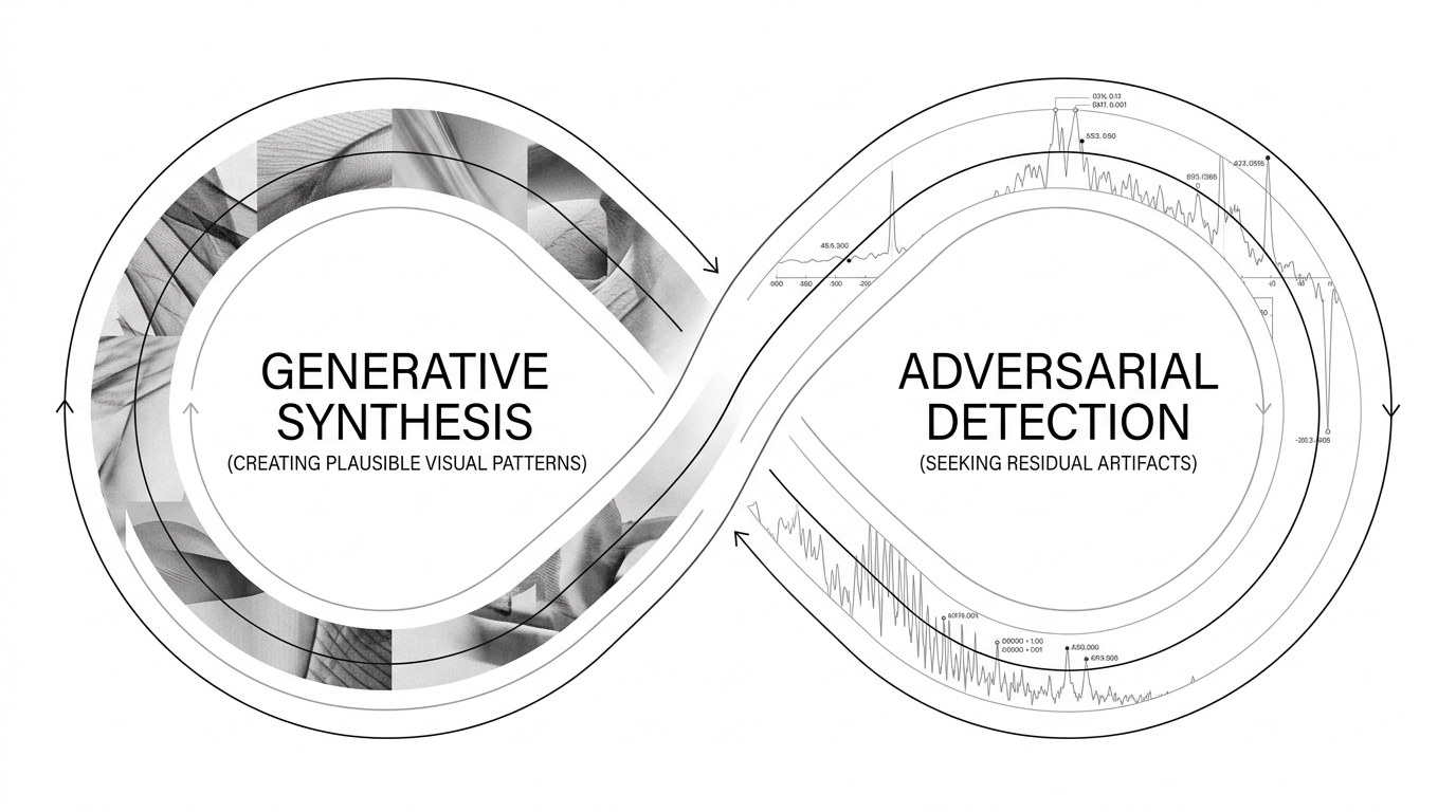 Two opposing continuous lines forming an endless loop between generative synthesis and adversarial detection