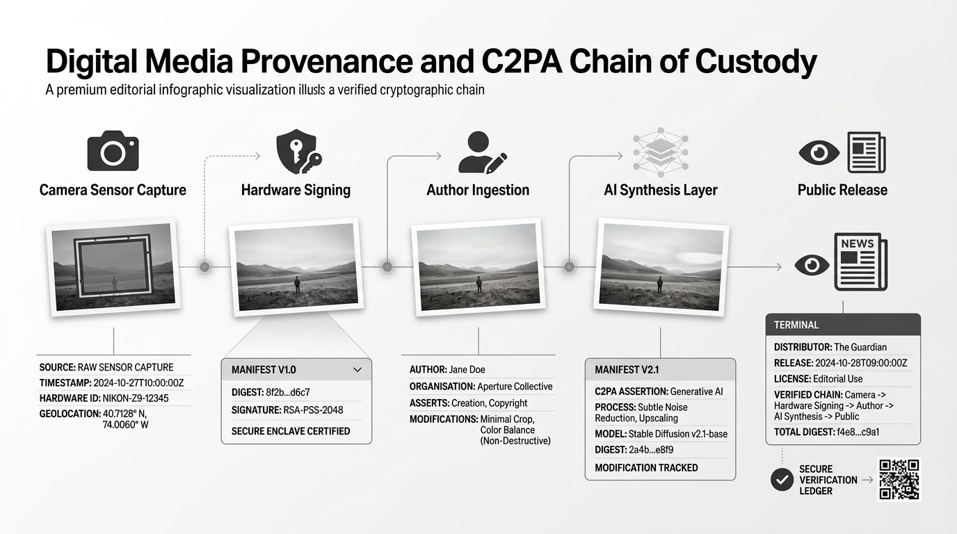 Digital media moving horizontally through a verified cryptographic chain from camera capture to public release