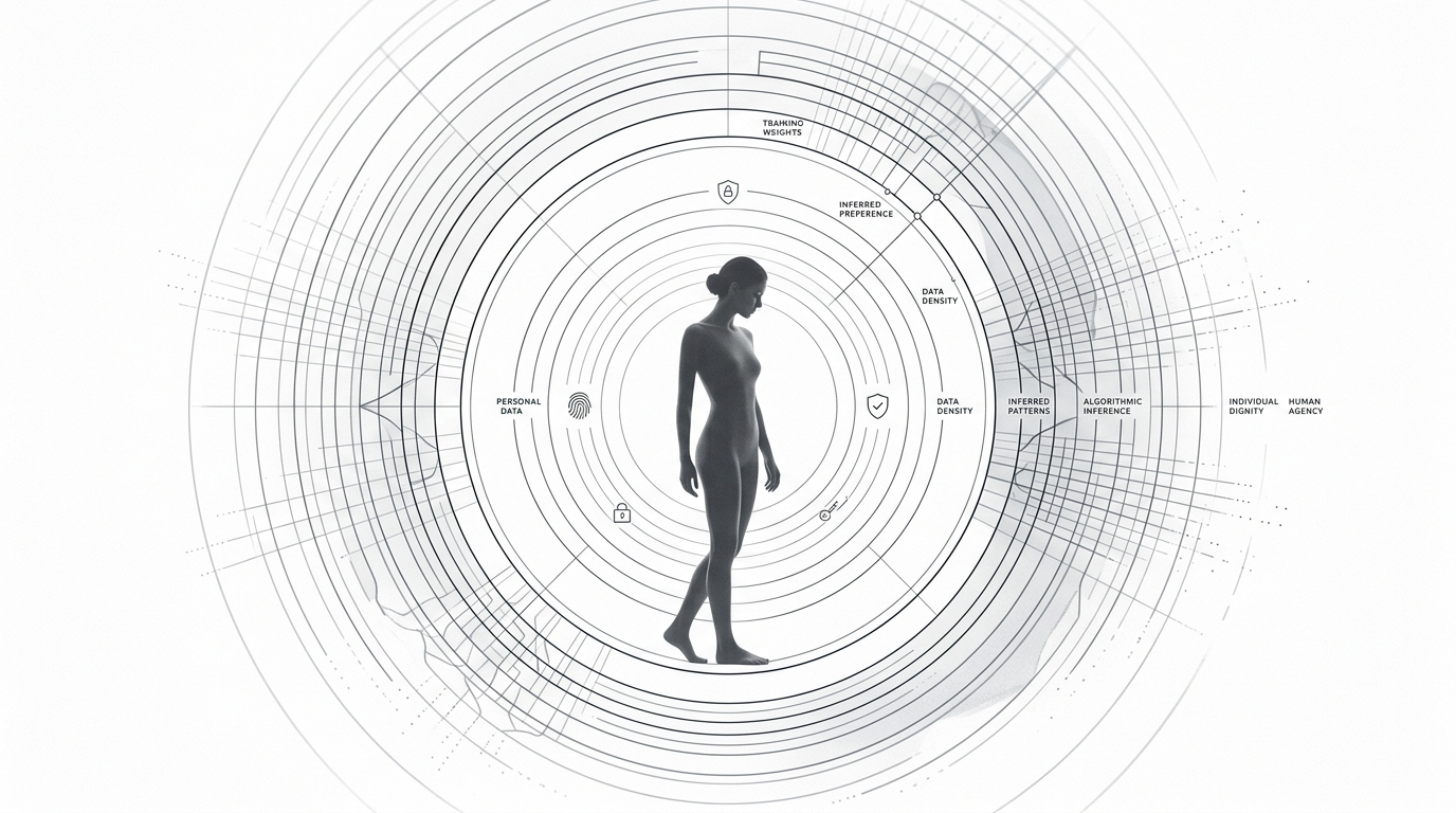 Human silhouette surrounded by subtle concentric layers representing data and models fading before touching the person